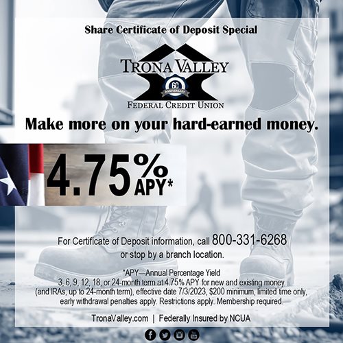 Share Certificate of Deposit special, 4.75%25 Annual Percentage Yield, up to 24-month term, effective July 3, 2023.