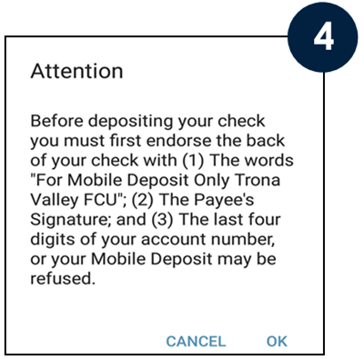 A pop-up appears with instructions for proper endorsement of your Mobile Deposit.  Click OK.