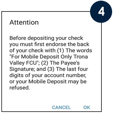 A pop-up appears with instructions for proper endorsement of your Mobile Deposit. Click OK.
