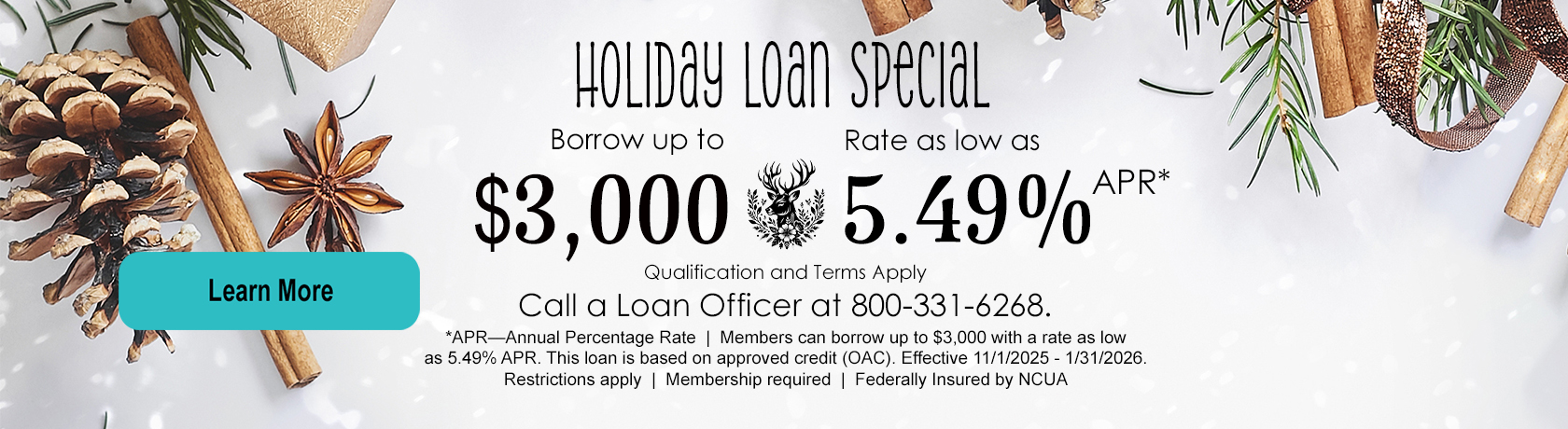 Holiday Loan Special, borrow up to $3,000, rate as low as 5.49% annual percentage rate, qualification and terms apply, call a loan officer at 800-331-6268, *APR—Annual Percentage Rate
Members can borrow up to $3,000 with a rate as low as 5.49% APR.
This loan is based on approved credit (OAC). Effective 11/1/2025 - 1/31/2026.
Restrictions apply. Membership required. Federally insured by NCUA
