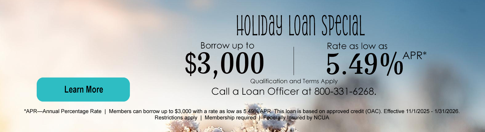 Holiday Loan Special, borrow up to $3,000, rate as low as 5.49% annual percentage rate, qualification and terms apply, call a loan officer at 800-331-6268, *APR—Annual Percentage Rate
Members can borrow up to $3,000 with a rate as low as 5.49% APR.
This loan is based on approved credit (OAC). Effective 11/1/2025 - 1/31/2026.
Restrictions apply. Membership required. Federally insured by NCUA
