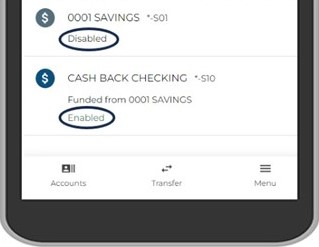 At the Overdraft Transfer Protection screen, you can either disable or enable this service by clicking on the share. Note: A share can have multiple transfer protection by clicking on AddAnother Funding Account. 