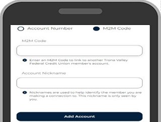 If you do not know the other member's account number, they can create an M2M code on their end to share with you. Once you have that code, tap M2M Code, enter the code they gave you and tap Add Account. 