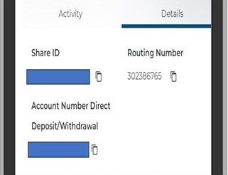 The Share or Loan ID is your account number.The Account Number Direct Deposit/Withdrawal is the full 13-digit account number you will use to set up automatic deposits or withdrawals from your account. 