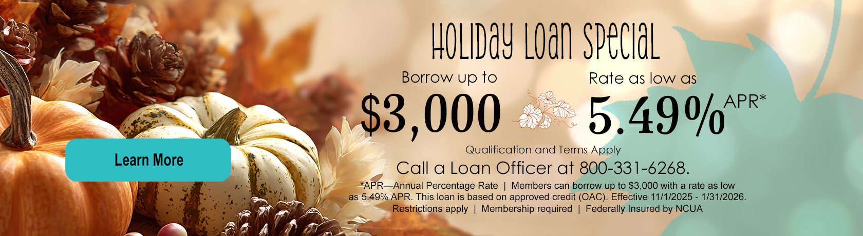 Holiday Loan Special, borrow up to $3,000, rate as low as 5.49% annual percentage rate, qualification and terms apply, call a loan officer at 800-331-6268, *APR—Annual Percentage Rate
Members can borrow up to $3,000 with a rate as low as 5.49% APR.
This loan is based on approved credit (OAC). Effective 11/1/2025 - 1/31/2026.
Restrictions apply. Membership required. Federally insured by NCUA
