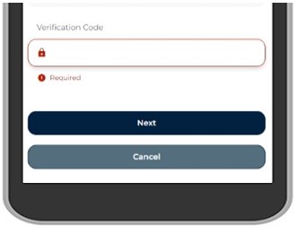 To authenticate your account, select the delivery method and tap Request Code. Enter the Verification Code and tap Next.