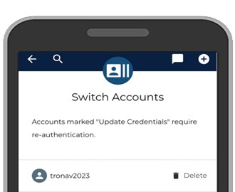 To “Switch” between accounts:On a Mobile device, tap Menu at the bottom of the screen. Next tap Settings and then tap Switch Profiles and select account.On a Desktop, click the User icon then click Other Profiles and select account.